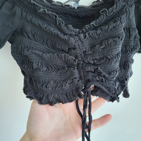 COTTON CANDY LA Black Cropped Drawstring Smocked Short Puff Sleeve Top - Picture 3 of 4
